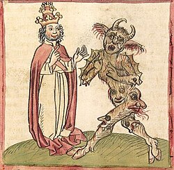 An illustration of Pope Sylvester II and the Devil, from a manuscript (c. 1460) of Martin of Opava's Chronicon Pontificum et Imperatorum